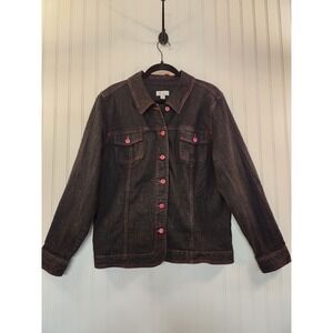 Denim & Co. Womens Dark Wash Jean Jacket Pink Contrast Stitching Size Large